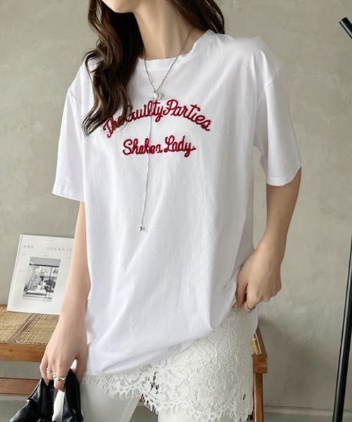 Eclat one(エクラワン)の「【Eclat one】英字 刺繍ロゴ ゆるシルエット 半袖 カットソー(Tシャツ/カットソー・レディース・ネイビー/ホワイト/グレー・FREE)」の8枚目の写真