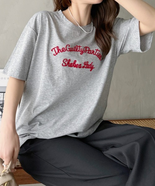 Eclat one(エクラワン)の「【Eclat one】英字 刺繍ロゴ ゆるシルエット 半袖 カットソー(Tシャツ/カットソー・レディース・ネイビー/ホワイト/グレー・FREE)」の9枚目の写真
