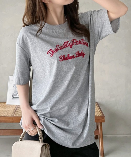 Eclat one(エクラワン)の「【Eclat one】英字 刺繍ロゴ ゆるシルエット 半袖 カットソー(Tシャツ/カットソー・レディース・ネイビー/ホワイト/グレー・FREE)」の12枚目の写真
