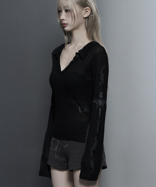 ETRE AU SOMMET(エトレオソメ)の「Rib Collar tattoo Long Sleeve Top (Black)(Tシャツ/カットソー・レディース・ブラック・FREE)」の2枚目の写真