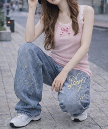 almo（アルモ）の「【Bls】【Bling Leads】刺繍入カーブデニムペンキプリント(BL)（デニムパンツ）」