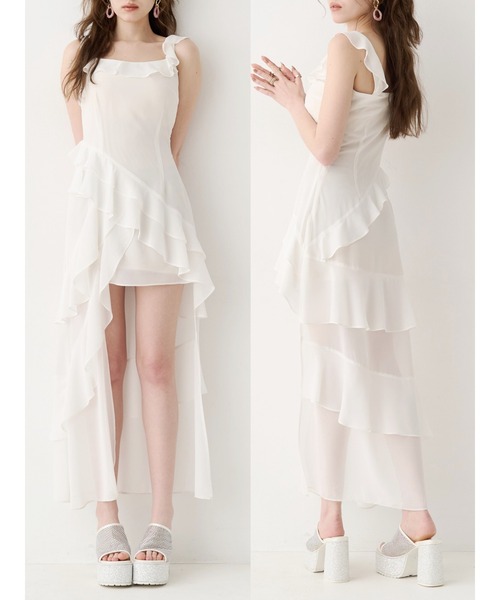 EVRIS(エヴリス)の「【SNS万バズワンピ】フリルショルダーアシンメトリーロングワンピース(ワンピース・レディース・ブラック/その他1/ベージュ/ホワイト・MEDIUM/SMALL)」の2枚目の写真