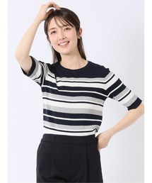 【ストレッチ 接触冷感 UVカット 毛玉防止 ウォッシャブル】m.f.エディトリアル レディース 快適機能 ボーダー クルー 半袖 サマー ニット プルオーバー