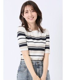 【ストレッチ 接触冷感 UVカット 毛玉防止 ウォッシャブル】m.f.エディトリアル レディース 快適機能 ボーダー クルー 半袖 サマー ニット プルオーバー