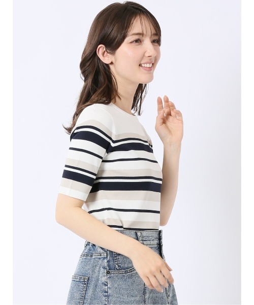 m.f.editorial(エムエフエディトリアル)の「【ストレッチ 接触冷感 UVカット 毛玉防止 ウォッシャブル】m.f.エディトリアル レディース 快適機能 ボーダー クルー 半袖 サマー ニット プルオーバー(ニット/セーター・レディース・ネイビー/アイボリー・MEDIUM/LARGE)」の21枚目の写真