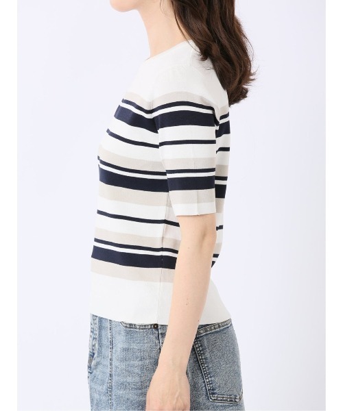 m.f.editorial(エムエフエディトリアル)の「【ストレッチ 接触冷感 UVカット 毛玉防止 ウォッシャブル】m.f.エディトリアル レディース 快適機能 ボーダー クルー 半袖 サマー ニット プルオーバー(ニット/セーター・レディース・ネイビー/アイボリー・MEDIUM/LARGE)」の18枚目の写真