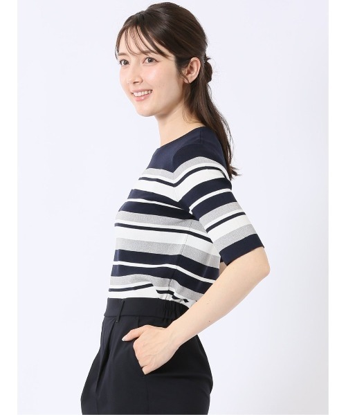 m.f.editorial(エムエフエディトリアル)の「【ストレッチ 接触冷感 UVカット 毛玉防止 ウォッシャブル】m.f.エディトリアル レディース 快適機能 ボーダー クルー 半袖 サマー ニット プルオーバー(ニット/セーター・レディース・ネイビー/アイボリー・MEDIUM/LARGE)」の13枚目の写真
