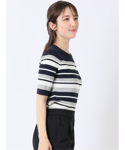 m.f.editorial(エムエフエディトリアル)の「【ストレッチ 接触冷感 UVカット 毛玉防止 ウォッシャブル】m.f.エディトリアル レディース 快適機能 ボーダー クルー 半袖 サマー ニット プルオーバー(ニット/セーター・レディース・ネイビー/アイボリー・MEDIUM/LARGE)」の11枚目の写真