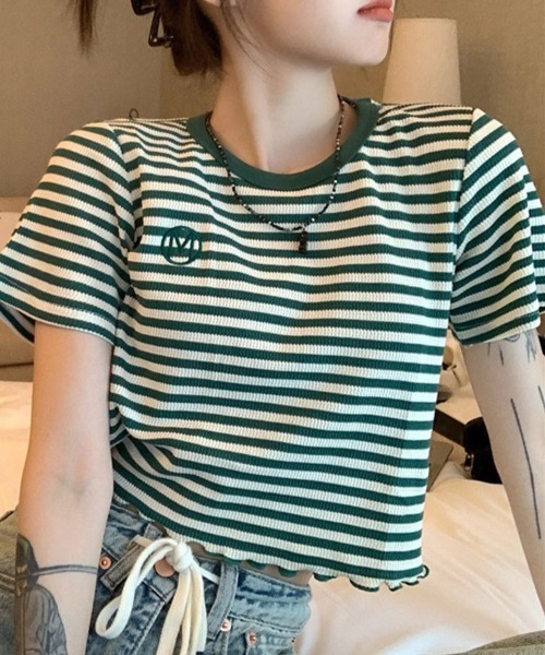 Flugge(フラッジー)の「ボーダーショートリブTシャツ(Tシャツ/カットソー・レディース・ブラック/グリーン・LARGE/MEDIUM)」の1枚目の写真