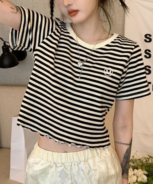 Flugge(フラッジー)の「ボーダーショートリブTシャツ(Tシャツ/カットソー・レディース・ブラック/グリーン・LARGE/MEDIUM)」の2枚目の写真