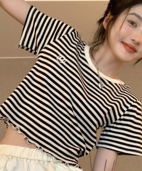 Flugge(フラッジー)の「ボーダーショートリブTシャツ(Tシャツ/カットソー・レディース・ブラック/グリーン・LARGE/MEDIUM)」の12枚目の写真