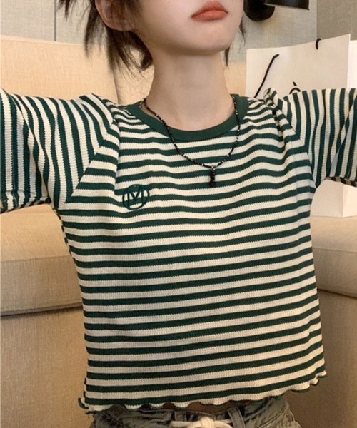 Flugge(フラッジー)の「ボーダーショートリブTシャツ(Tシャツ/カットソー・レディース・ブラック/グリーン・LARGE/MEDIUM)」の10枚目の写真