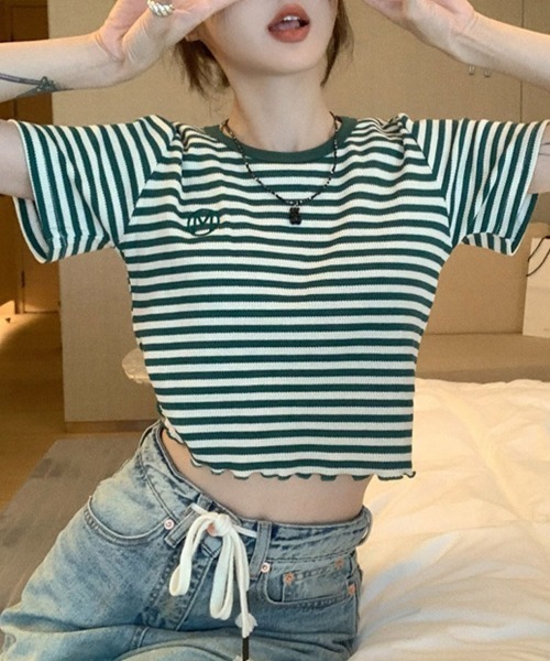 Flugge(フラッジー)の「ボーダーショートリブTシャツ(Tシャツ/カットソー・レディース・ブラック/グリーン・LARGE/MEDIUM)」の3枚目の写真