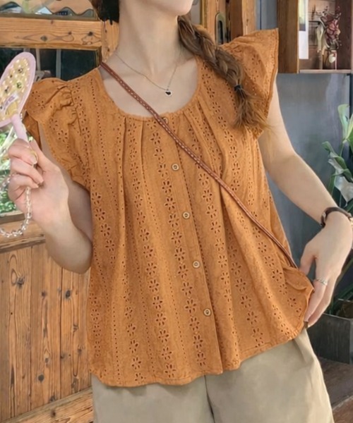 mielu(ミエル)の「レースフレンチスリーブブラウス(シャツ/ブラウス・レディース・アイボリー/ブラウン・MEDIUM/LARGE)」の1枚目の写真