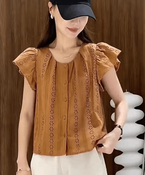 mielu(ミエル)の「レースフレンチスリーブブラウス(シャツ/ブラウス・レディース・アイボリー/ブラウン・MEDIUM/LARGE)」の3枚目の写真