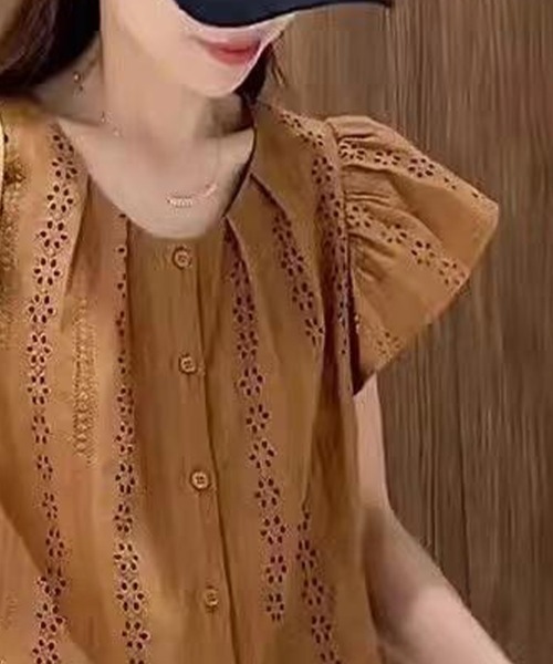 mielu(ミエル)の「レースフレンチスリーブブラウス(シャツ/ブラウス・レディース・アイボリー/ブラウン・MEDIUM/LARGE)」の4枚目の写真