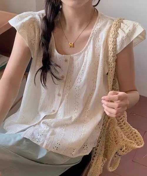 mielu(ミエル)の「レースフレンチスリーブブラウス(シャツ/ブラウス・レディース・アイボリー/ブラウン・MEDIUM/LARGE)」の8枚目の写真