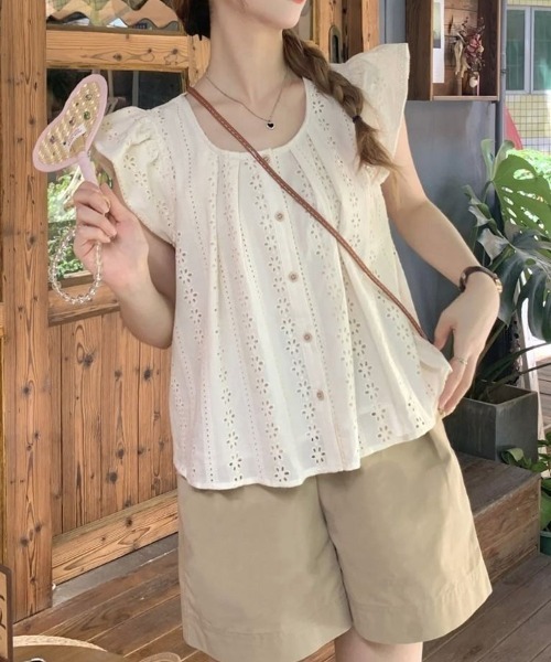 mielu(ミエル)の「レースフレンチスリーブブラウス(シャツ/ブラウス・レディース・アイボリー/ブラウン・MEDIUM/LARGE)」の10枚目の写真