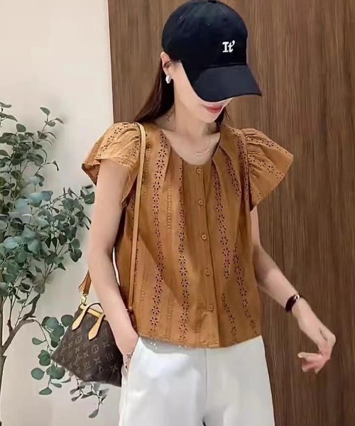 mielu(ミエル)の「レースフレンチスリーブブラウス(シャツ/ブラウス・レディース・アイボリー/ブラウン・MEDIUM/LARGE)」の9枚目の写真