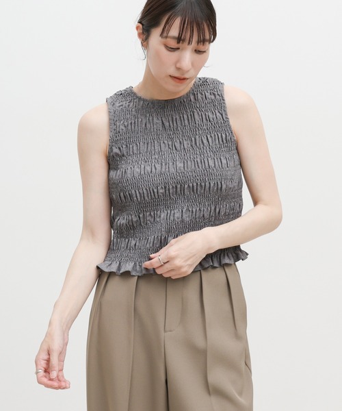 select MOCA(セレクトモカ)の「リネンライクシャーリングノースリーブトップス(タンクトップ・レディース・チャコール/ベージュ/カーキ・FREE)」の2枚目の写真