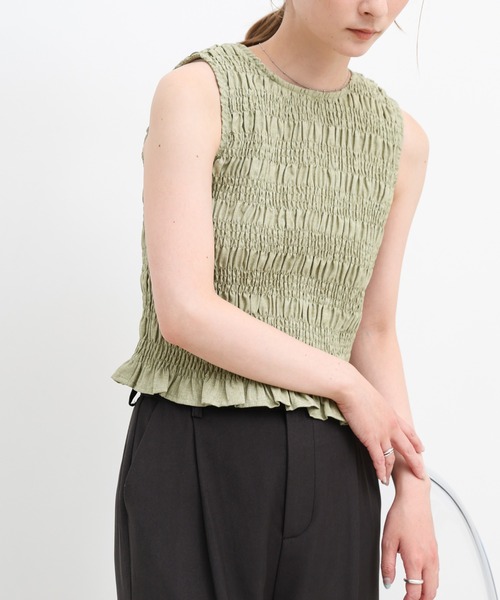 select MOCA(セレクトモカ)の「リネンライクシャーリングノースリーブトップス(タンクトップ・レディース・チャコール/ベージュ/カーキ・FREE)」の8枚目の写真