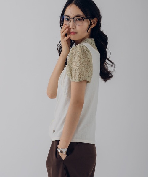 MUHET（ミュエータ）の「gather lace shirt / ギャザーレースシャツ（シャツ/ブラウス・レディース・ネイビー/オフホワイト/ライトグリーン・FREE）」の5枚目の写真