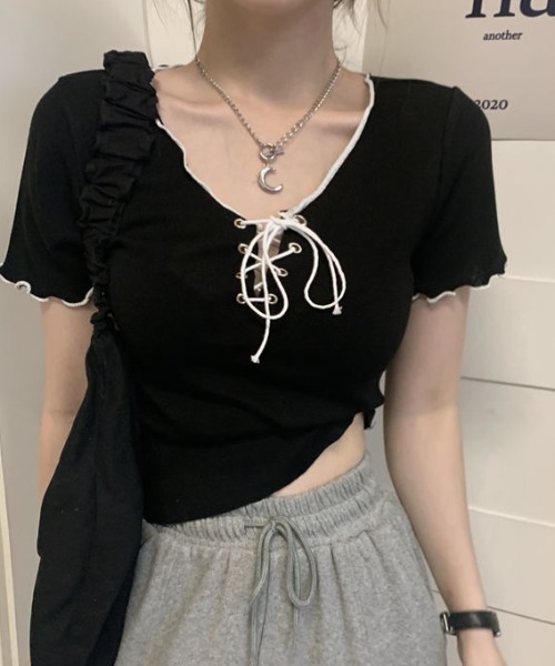 Candy Pot(キャンディポット)の「メロウリボンリブトップス(Tシャツ/カットソー・レディース・ブラック/ホワイト・FREE)」の7枚目の写真