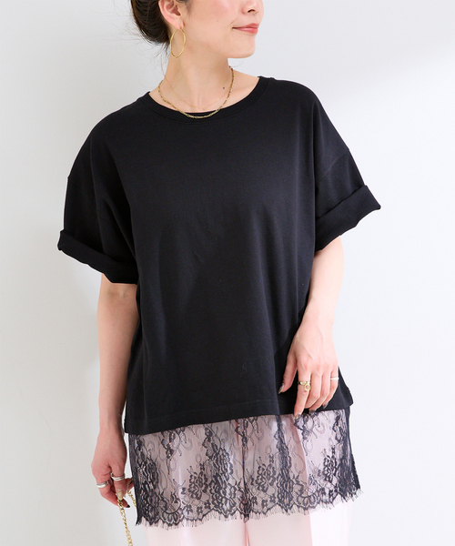 B.C STOCK(ベーセーストック)の「手洗い可 / レースドッキングプルオーバー(Tシャツ/カットソー・レディース・ホワイト/ブラック・FREE)」の1枚目の写真