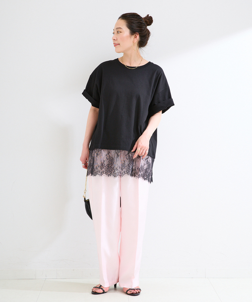 B.C STOCK(ベーセーストック)の「手洗い可 / レースドッキングプルオーバー(Tシャツ/カットソー・レディース・ホワイト/ブラック・FREE)」の3枚目の写真