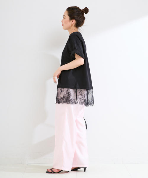 B.C STOCK(ベーセーストック)の「手洗い可 / レースドッキングプルオーバー(Tシャツ/カットソー・レディース・ホワイト/ブラック・FREE)」の4枚目の写真
