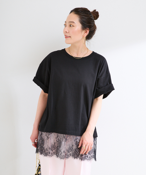 B.C STOCK(ベーセーストック)の「手洗い可 / レースドッキングプルオーバー(Tシャツ/カットソー・レディース・ホワイト/ブラック・FREE)」の6枚目の写真
