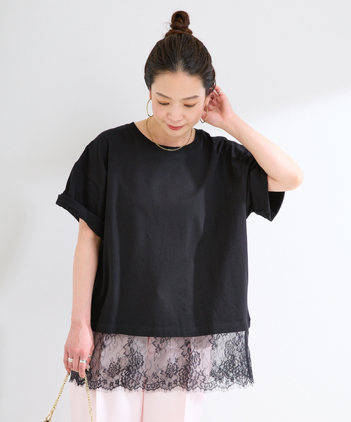 B.C STOCK(ベーセーストック)の「手洗い可 / レースドッキングプルオーバー(Tシャツ/カットソー・レディース・ホワイト/ブラック・FREE)」の7枚目の写真