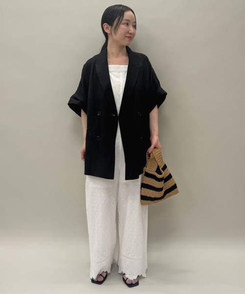 SLOBE IENA(スローブイエナ)の「《セットアップ対応可/追加》リネン混ハーフスリーブジャケット(その他アウター・レディース・カーキ/ブラック・36/38)」の3枚目の写真