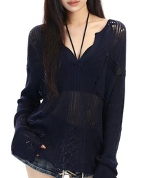 Beststore | シースルー ゆるダボ ニット トップス サマーニット クラッシュ加工 長袖(ニット/セーター)
