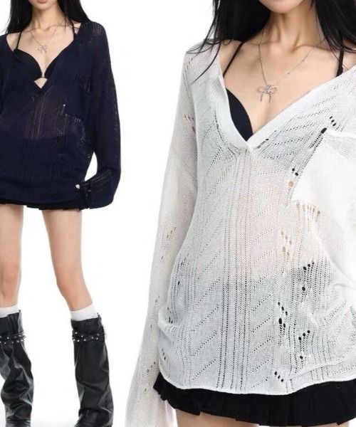 Beststore（ベストストア）の「シースルー ゆるダボ ニット トップス サマーニット クラッシュ加工 長袖（ニット/セーター・レディース・ネイビー/ホワイト・FREE）」の19枚目の写真