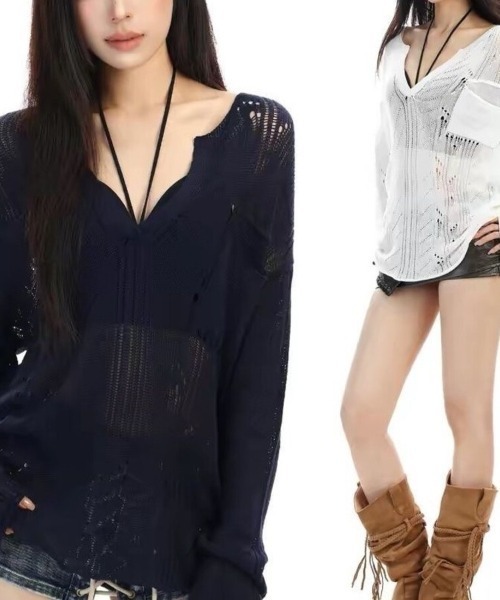 Beststore（ベストストア）の「シースルー ゆるダボ ニット トップス サマーニット クラッシュ加工 長袖（ニット/セーター・レディース・ネイビー/ホワイト・FREE）」の20枚目の写真