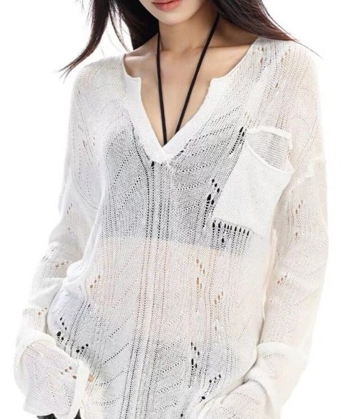 Beststore（ベストストア）の「シースルー ゆるダボ ニット トップス サマーニット クラッシュ加工 長袖（ニット/セーター・レディース・ネイビー/ホワイト・FREE）」の7枚目の写真