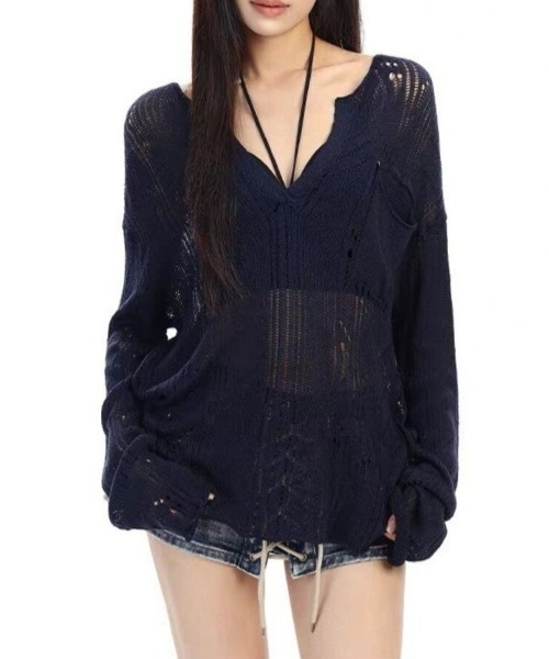 Beststore（ベストストア）の「シースルー ゆるダボ ニット トップス サマーニット クラッシュ加工 長袖（ニット/セーター・レディース・ネイビー/ホワイト・FREE）」の11枚目の写真