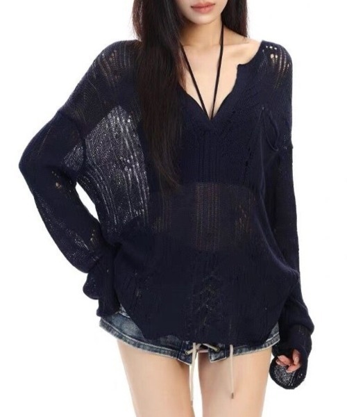 Beststore（ベストストア）の「シースルー ゆるダボ ニット トップス サマーニット クラッシュ加工 長袖（ニット/セーター・レディース・ネイビー/ホワイト・FREE）」の12枚目の写真
