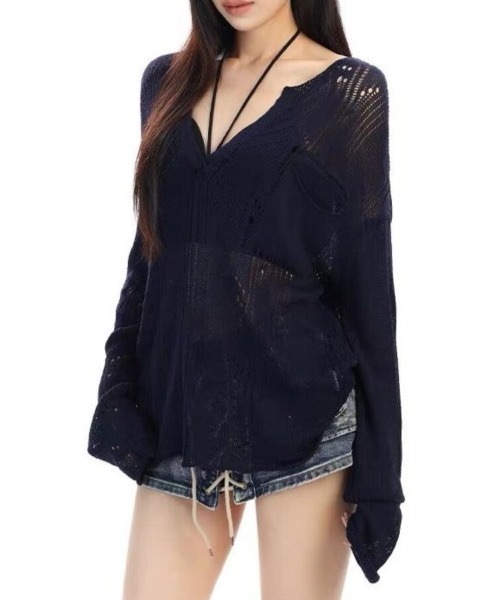 Beststore（ベストストア）の「シースルー ゆるダボ ニット トップス サマーニット クラッシュ加工 長袖（ニット/セーター・レディース・ネイビー/ホワイト・FREE）」の13枚目の写真