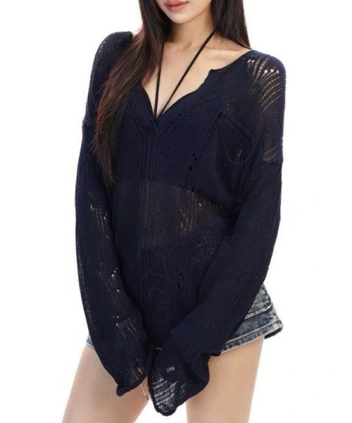 Beststore（ベストストア）の「シースルー ゆるダボ ニット トップス サマーニット クラッシュ加工 長袖（ニット/セーター・レディース・ネイビー/ホワイト・FREE）」の14枚目の写真