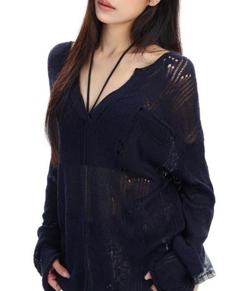Beststore（ベストストア）の「シースルー ゆるダボ ニット トップス サマーニット クラッシュ加工 長袖（ニット/セーター・レディース・ネイビー/ホワイト・FREE）」の15枚目の写真