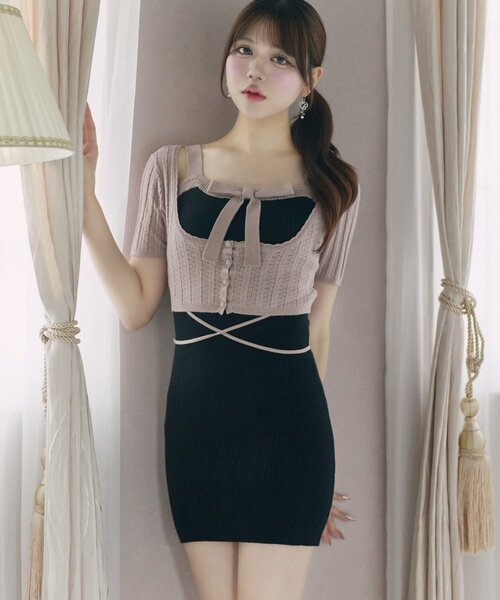 Belle Charme(ベルシャルム)の「【Belle Charme】Ribbon Rib Knit Onepiece(ワンピース・レディース・ベージュ/ブラック/オフホワイト・FREE)」の3枚目の写真