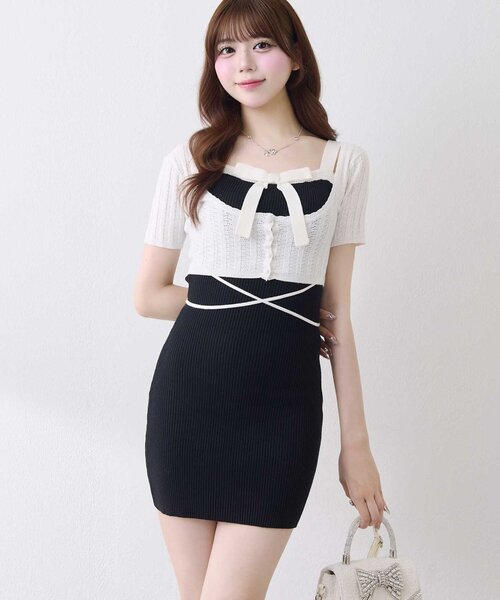 Belle Charme(ベルシャルム)の「【Belle Charme】Ribbon Rib Knit Onepiece(ワンピース・レディース・ベージュ/ブラック/オフホワイト・FREE)」の1枚目の写真