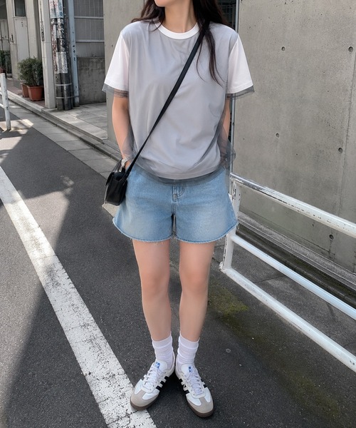 KONVINI（コンビニ）の「【KONVINI select】シアーチュールレイヤード半袖Tシャツ　オフィスカジュアル（Tシャツ/カットソー・レディース・グレー/ブラック/ホワイト・FREE）」の9枚目の写真