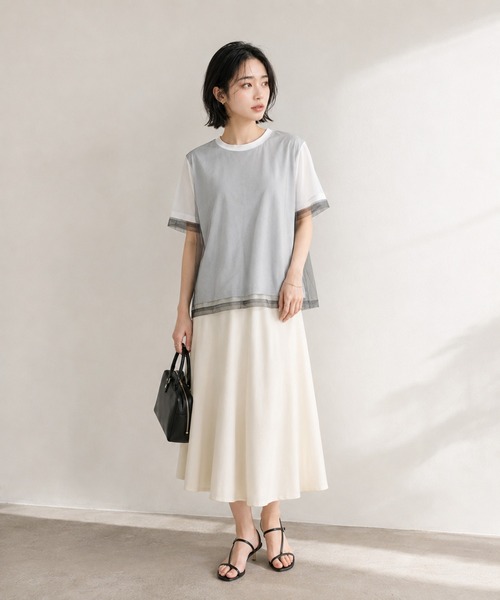KONVINI（コンビニ）の「【KONVINI select】シアーチュールレイヤード半袖Tシャツ　オフィスカジュアル（Tシャツ/カットソー・レディース・グレー/ブラック/ホワイト・FREE）」の6枚目の写真