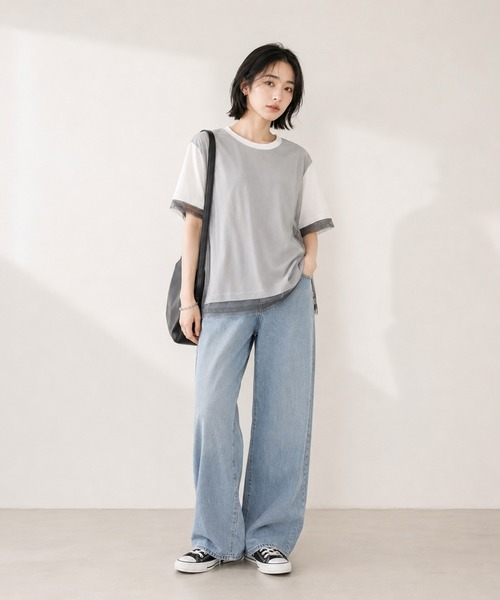 KONVINI（コンビニ）の「【KONVINI select】シアーチュールレイヤード半袖Tシャツ　オフィスカジュアル（Tシャツ/カットソー・レディース・グレー/ブラック/ホワイト・FREE）」の10枚目の写真