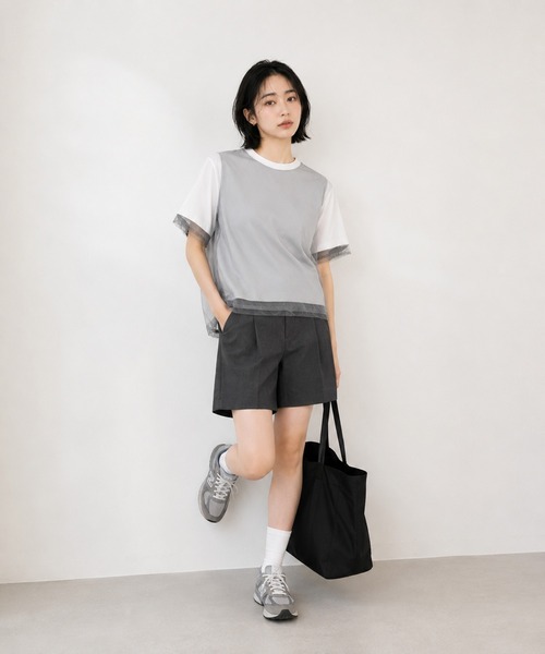 KONVINI（コンビニ）の「【KONVINI select】シアーチュールレイヤード半袖Tシャツ　オフィスカジュアル（Tシャツ/カットソー・レディース・グレー/ブラック/ホワイト・FREE）」の4枚目の写真