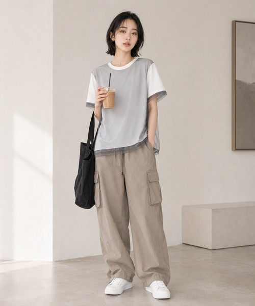 KONVINI（コンビニ）の「【KONVINI select】シアーチュールレイヤード半袖Tシャツ　オフィスカジュアル（Tシャツ/カットソー・レディース・グレー/ブラック/ホワイト・FREE）」の11枚目の写真