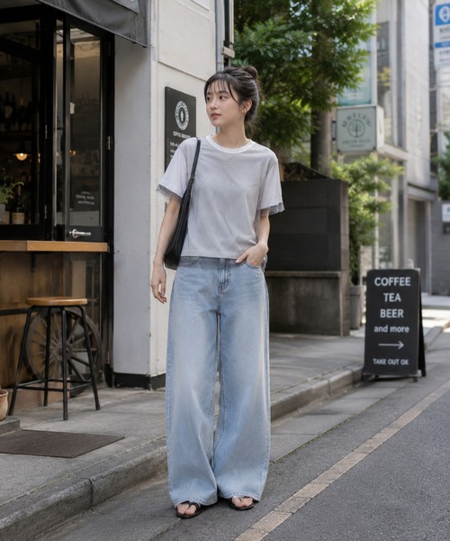 KONVINI（コンビニ）の「【KONVINI select】シアーチュールレイヤード半袖Tシャツ　オフィスカジュアル（Tシャツ/カットソー・レディース・グレー/ブラック/ホワイト・FREE）」の12枚目の写真